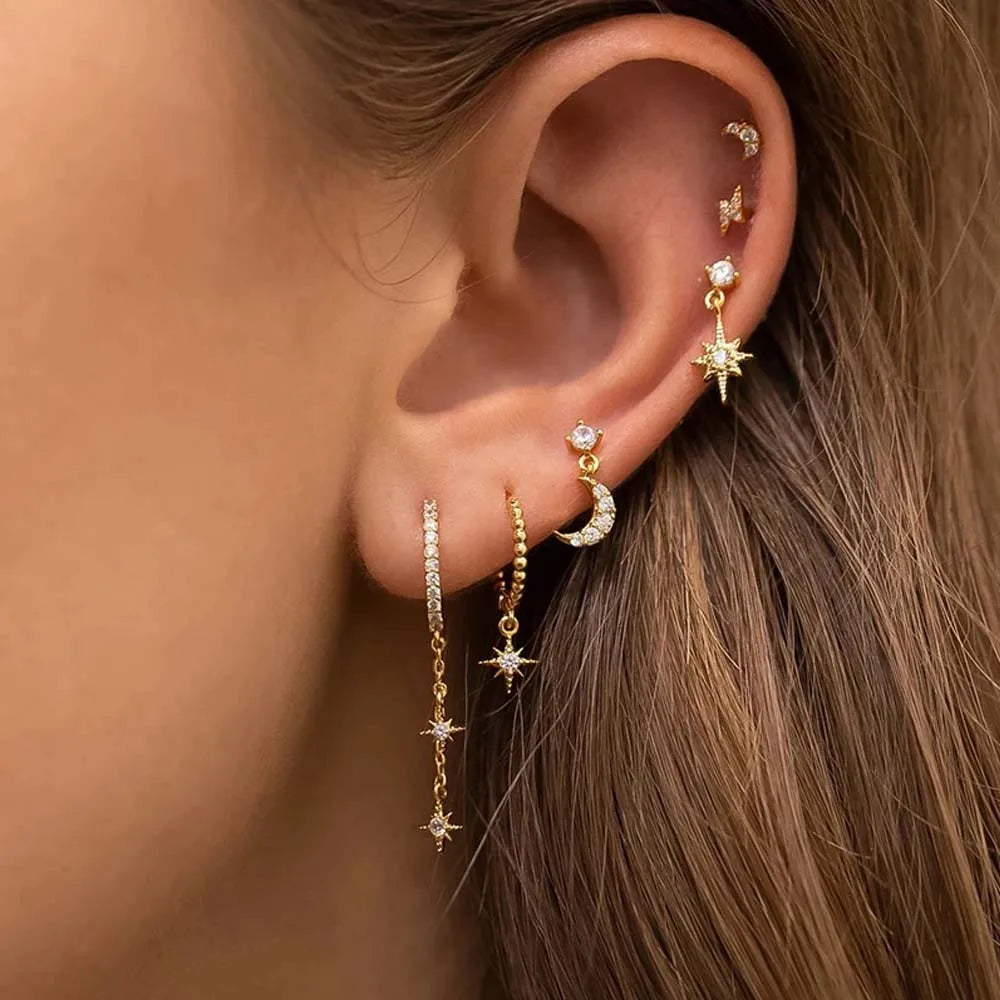 2/3/4 pièces étoile lune pendentif conception CZ chaîne cerceau boucle d'oreille pour les femmes, en acier inoxydable Cartilage boucle d'oreille Piercing bijoux L’AURA