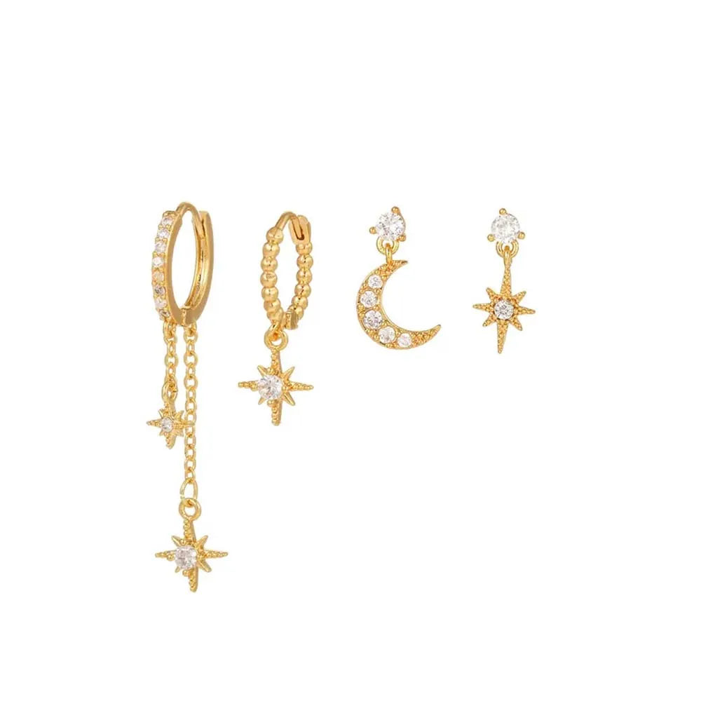 2/3/4 pièces étoile lune pendentif conception CZ chaîne cerceau boucle d'oreille pour les femmes, en acier inoxydable Cartilage boucle d'oreille Piercing bijoux L’AURA