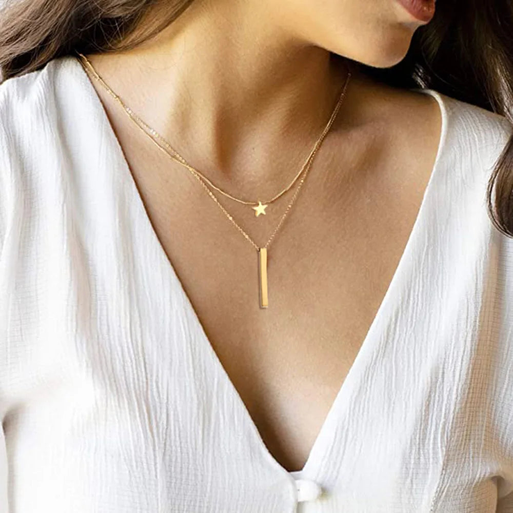 MinaMaMa chaîne en acier inoxydable Pentacle étoile ronde pièce lune barre pendentifs colliers pour femmes colliers multicouches L’AURA