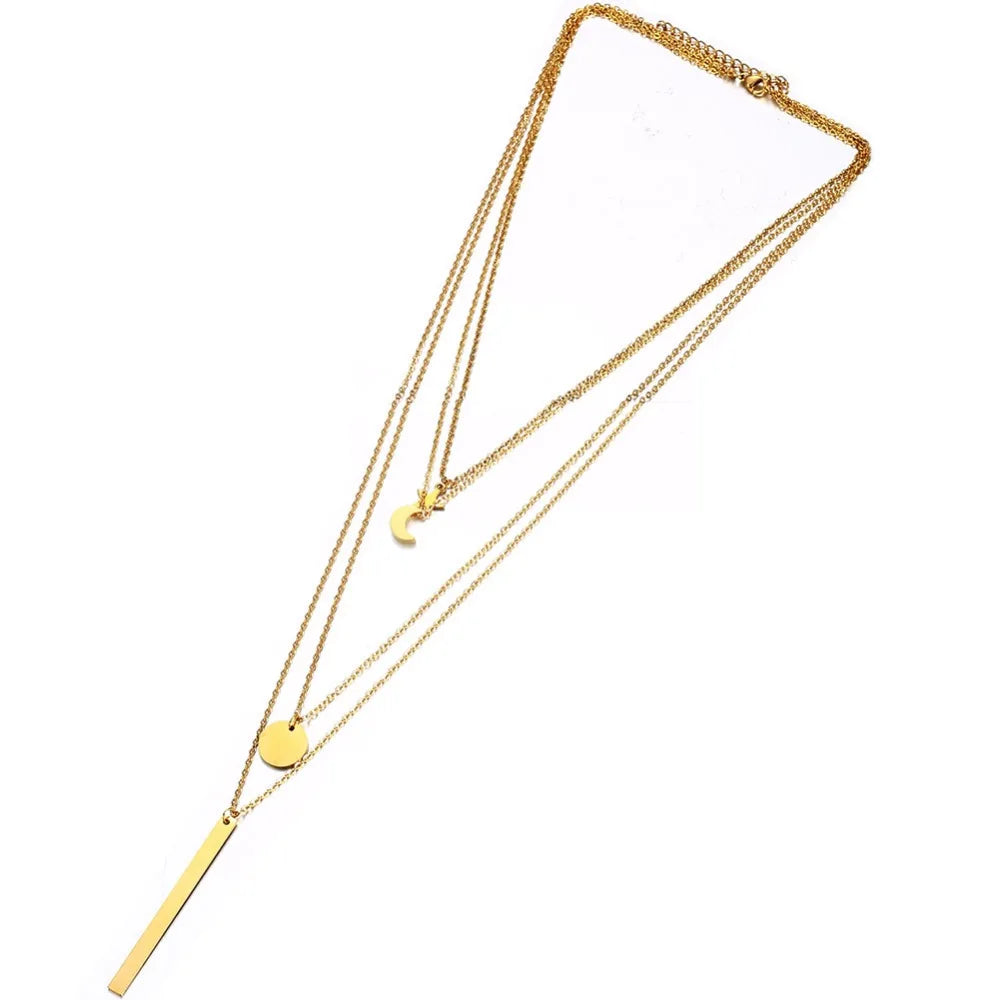 MinaMaMa chaîne en acier inoxydable Pentacle étoile ronde pièce lune barre pendentifs colliers pour femmes colliers multicouches L’AURA