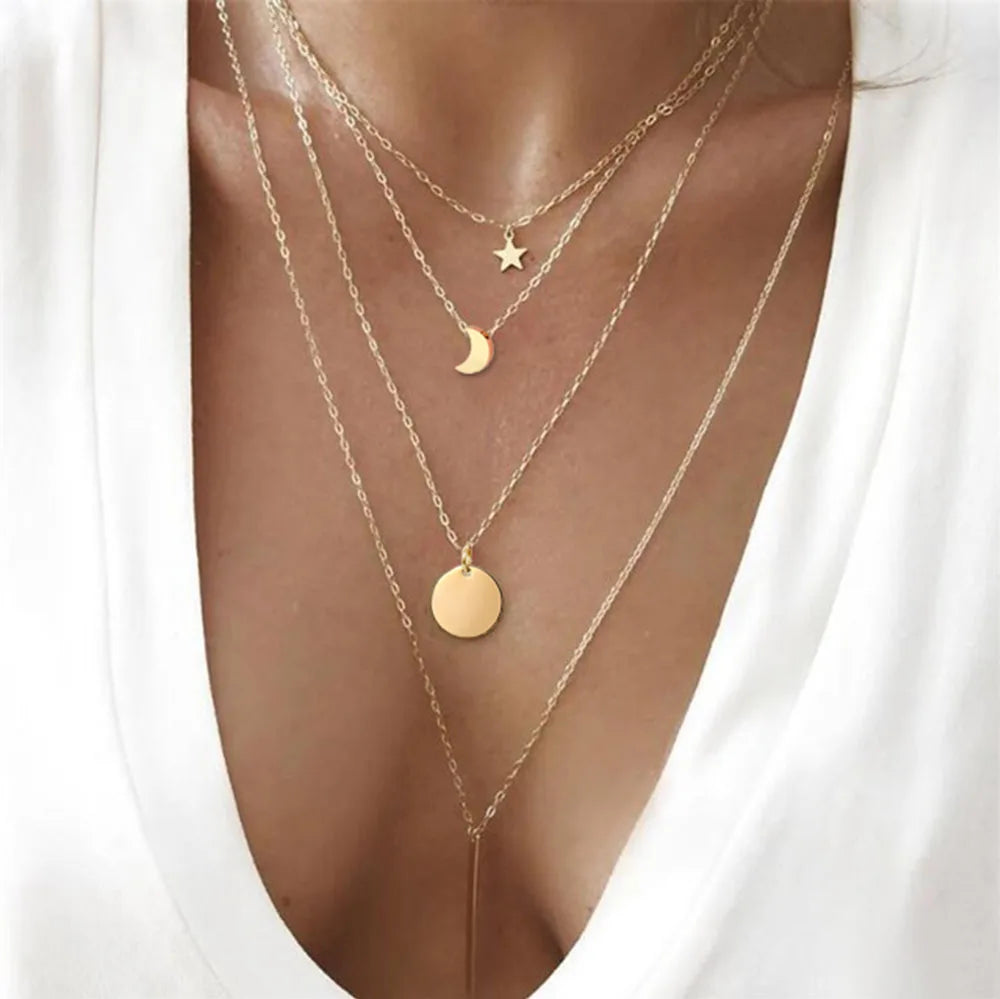 MinaMaMa chaîne en acier inoxydable Pentacle étoile ronde pièce lune barre pendentifs colliers pour femmes colliers multicouches L’AURA