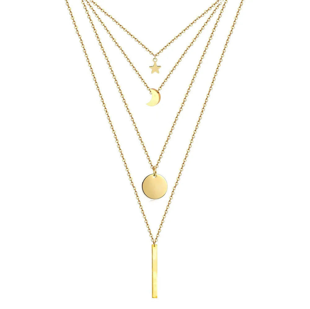 MinaMaMa chaîne en acier inoxydable Pentacle étoile ronde pièce lune barre pendentifs colliers pour femmes colliers multicouches L’AURA