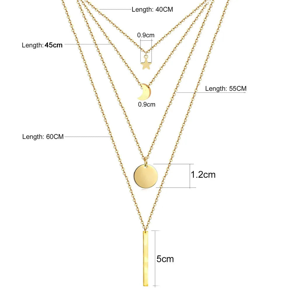 MinaMaMa chaîne en acier inoxydable Pentacle étoile ronde pièce lune barre pendentifs colliers pour femmes colliers multicouches L’AURA