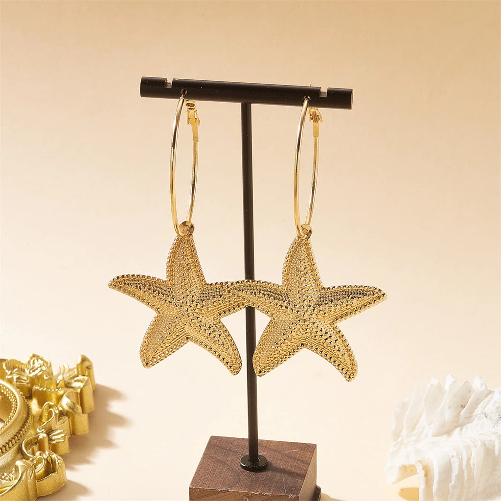 Boucles d'oreilles tendance couleur or, étoile de mer simulée, pour femme, style bohème, grandes conques métalliques, bijoux pour soirée et usage quotidien