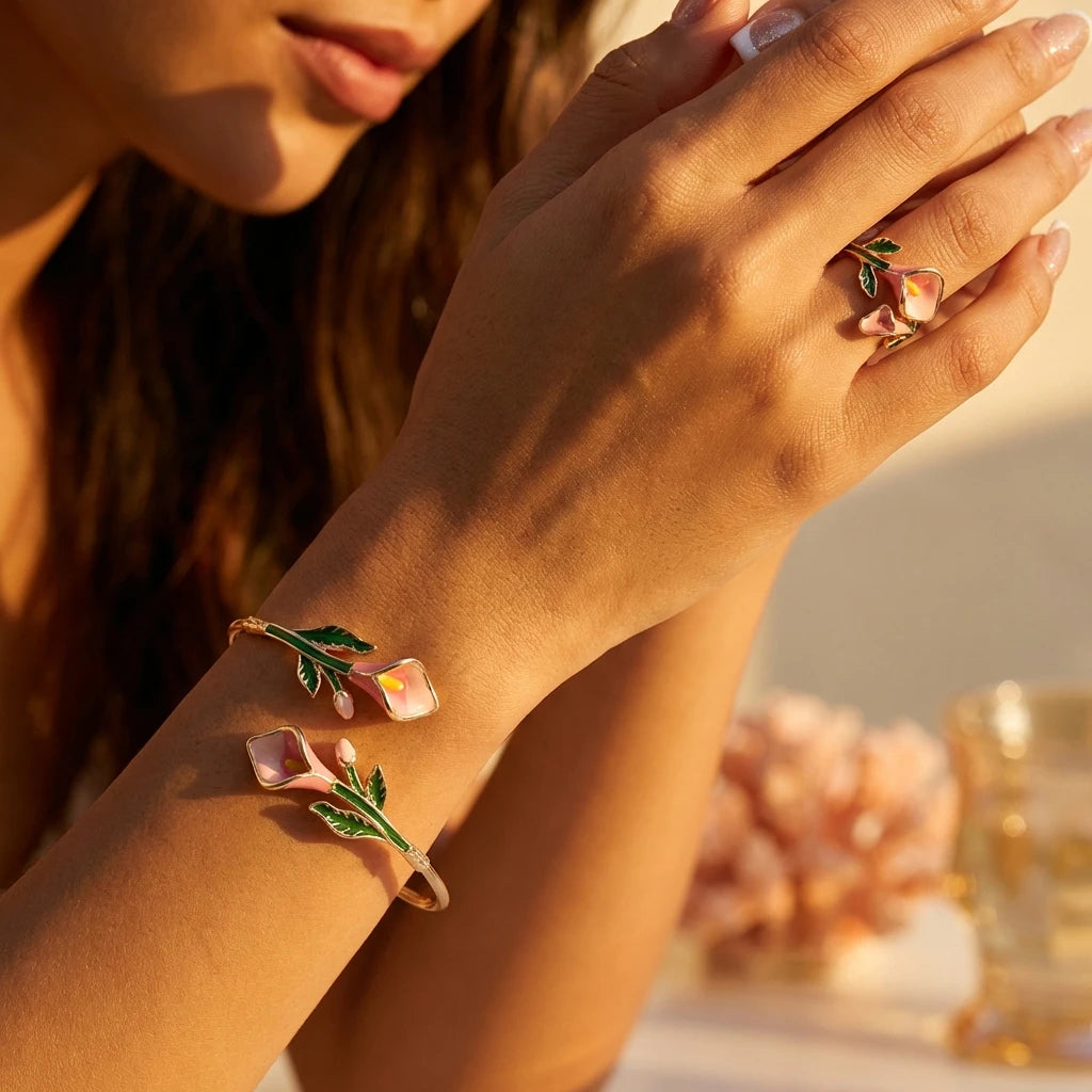 Ensemble bague et bracelet ouvert en émail Camélia Tournesol Marguerite, bijoux floraux, accessoire de mode féminin, cadeau tendance, accessoire quotidien L’AURA