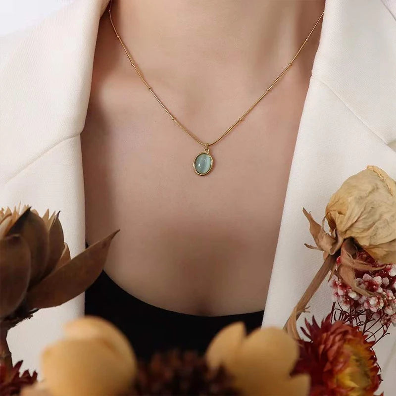 Collier ovale en argent Sterling 925 avec pendentif bleu mer, exquis pour femmes, œil de chat, serrure en pierre, chaîne en os, bijoux de mariage L’AURA