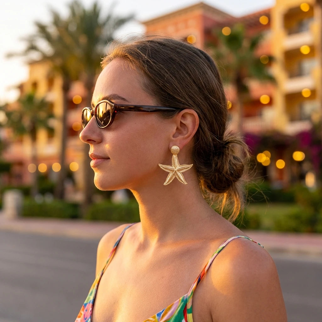 Boucles d'oreilles tendance couleur or, étoile de mer simulée, pour femme, style bohème, grandes conques métalliques, bijoux pour soirée et usage quotidien