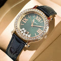 Nouvelle montre verte vintage tendance pour femme, élégante et étanche, avec un design luxueux serti de diamants, style camélia de niche, petite montre verte pour femme, avec diamants Happy Diamonds L’AURA