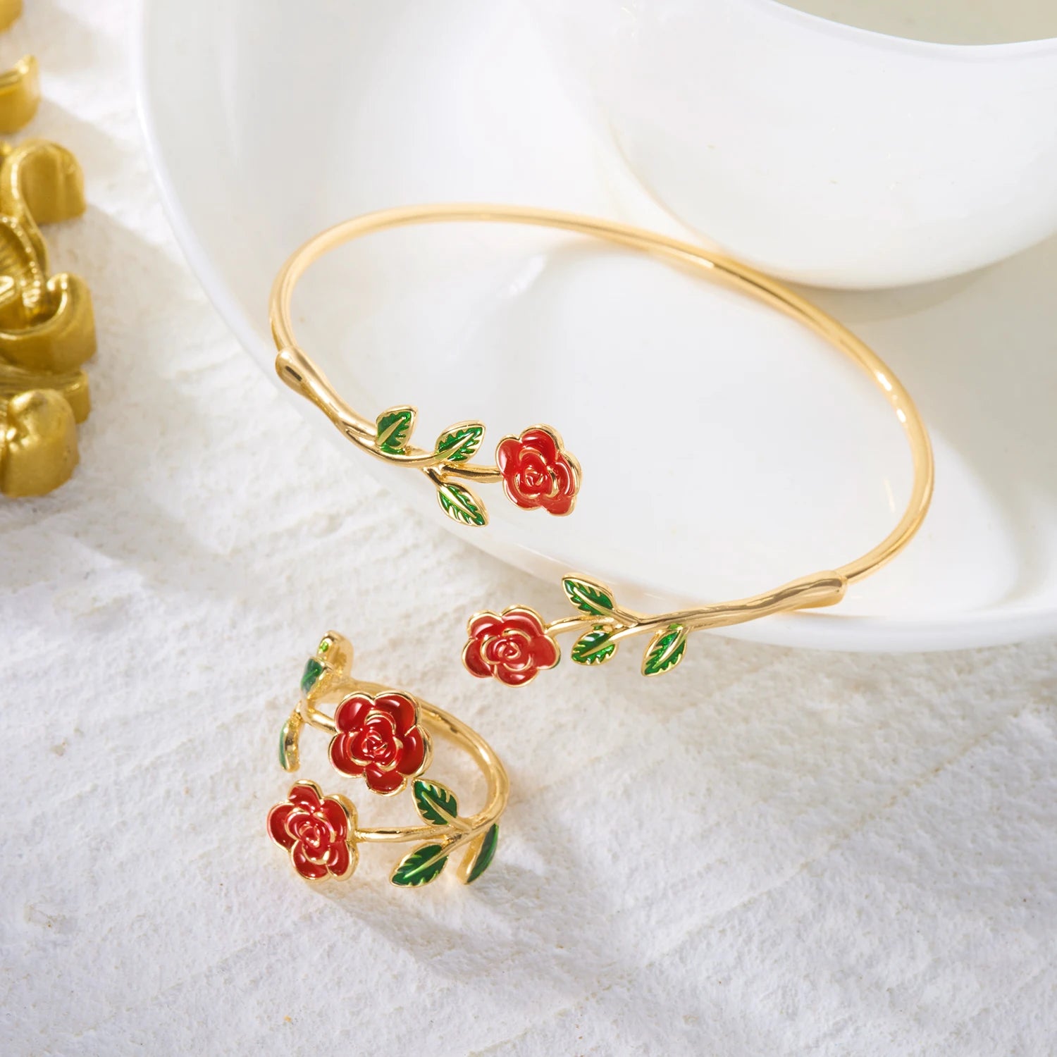 Ensemble bague et bracelet ouvert en émail Camélia Tournesol Marguerite, bijoux floraux, accessoire de mode féminin, cadeau tendance, accessoire quotidien L’AURA