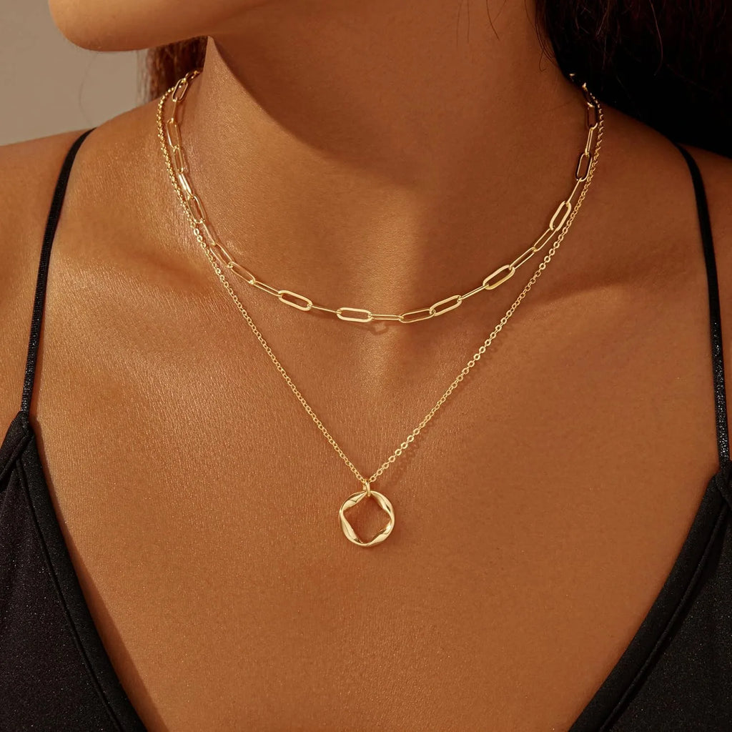 Colliers plaqués or 14 carats pour femmes, empilables, plaqué argent, cercle, trombone, chaîne, pendentif, ras du cou, ensemble pour femmes
