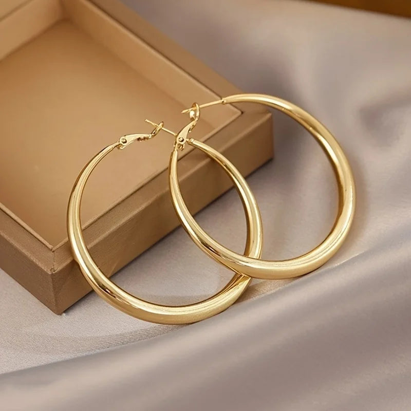 Women's 316L Stainless Steel Round Earrings, Large Metal Circle Exaggerated C-shaped Jewelry Gifts, New Fashion