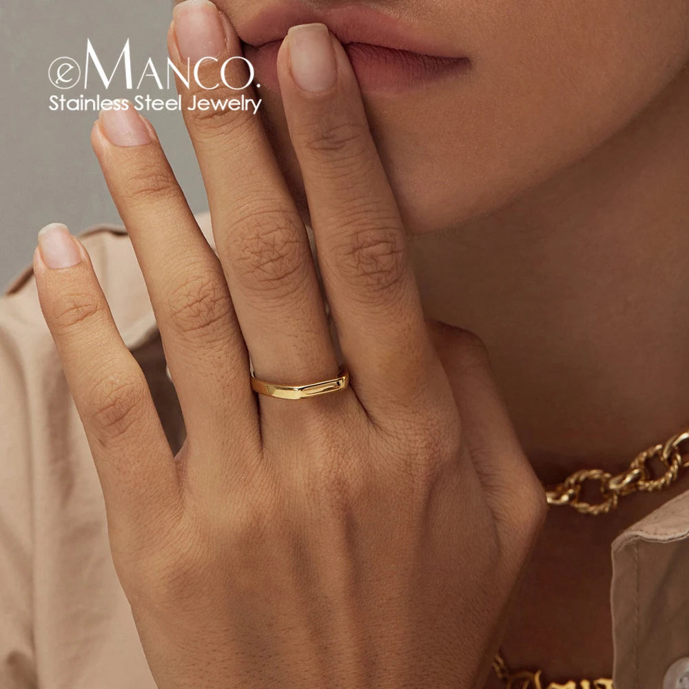 Bague signet carrée minimaliste en acier inoxydable eManco, fine et élégante, pour femme, bijoux fantaisie, cadeau.
