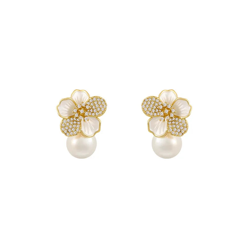 ZAKOL luxe Micro ensemble Zircon émail blanc camélia perle pendentif boucles d'oreilles pour les femmes exquis fête oreille accessoires L’AURA