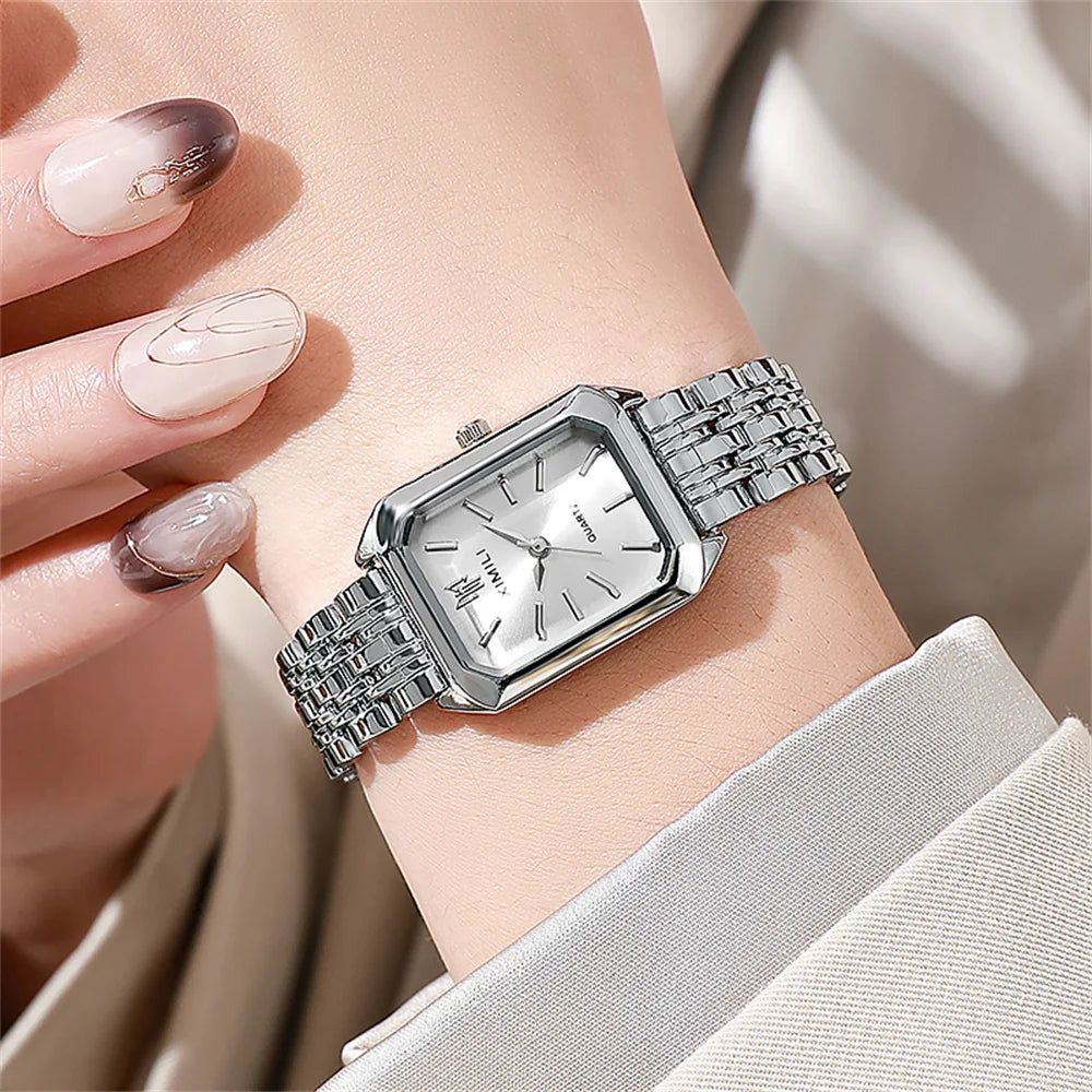 Montre de luxe pour femmes, carrée en or, Simple, à Quartz, mode, en acier inoxydable, horloge d'affaires, robe, cadeau