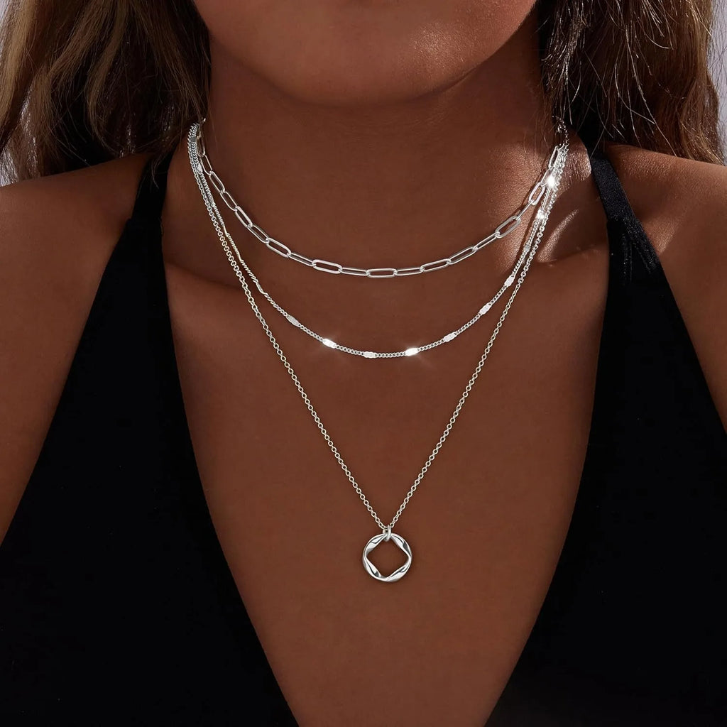 Colliers plaqués or 14 carats pour femmes, empilables, plaqué argent, cercle, trombone, chaîne, pendentif, ras du cou, ensemble pour femmes