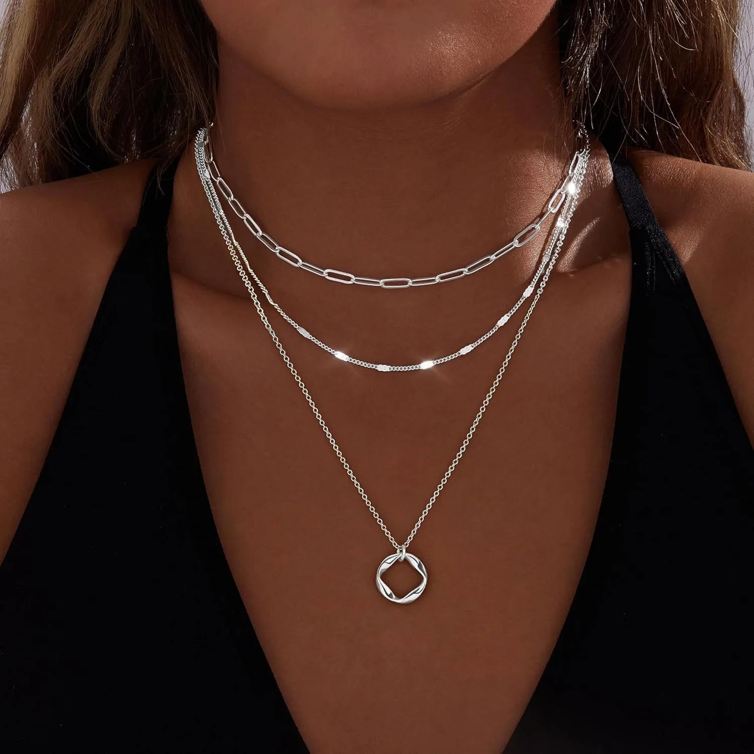 Colliers plaqués or 14 carats pour femmes, empilables, plaqué argent, cercle, trombone, chaîne, pendentif, ras du cou, ensemble pour femmes