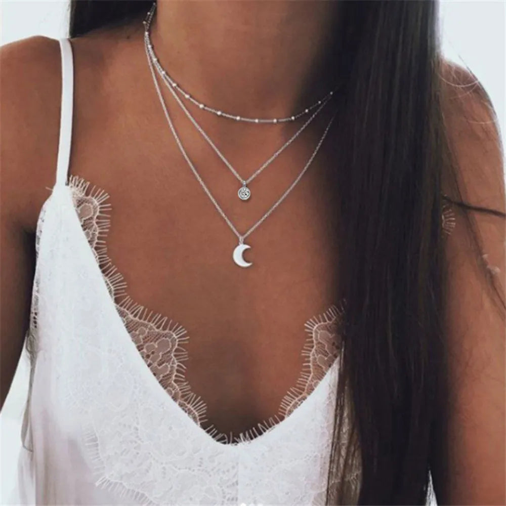 MinaMaMa chaîne en acier inoxydable Pentacle étoile ronde pièce lune barre pendentifs colliers pour femmes colliers multicouches L’AURA