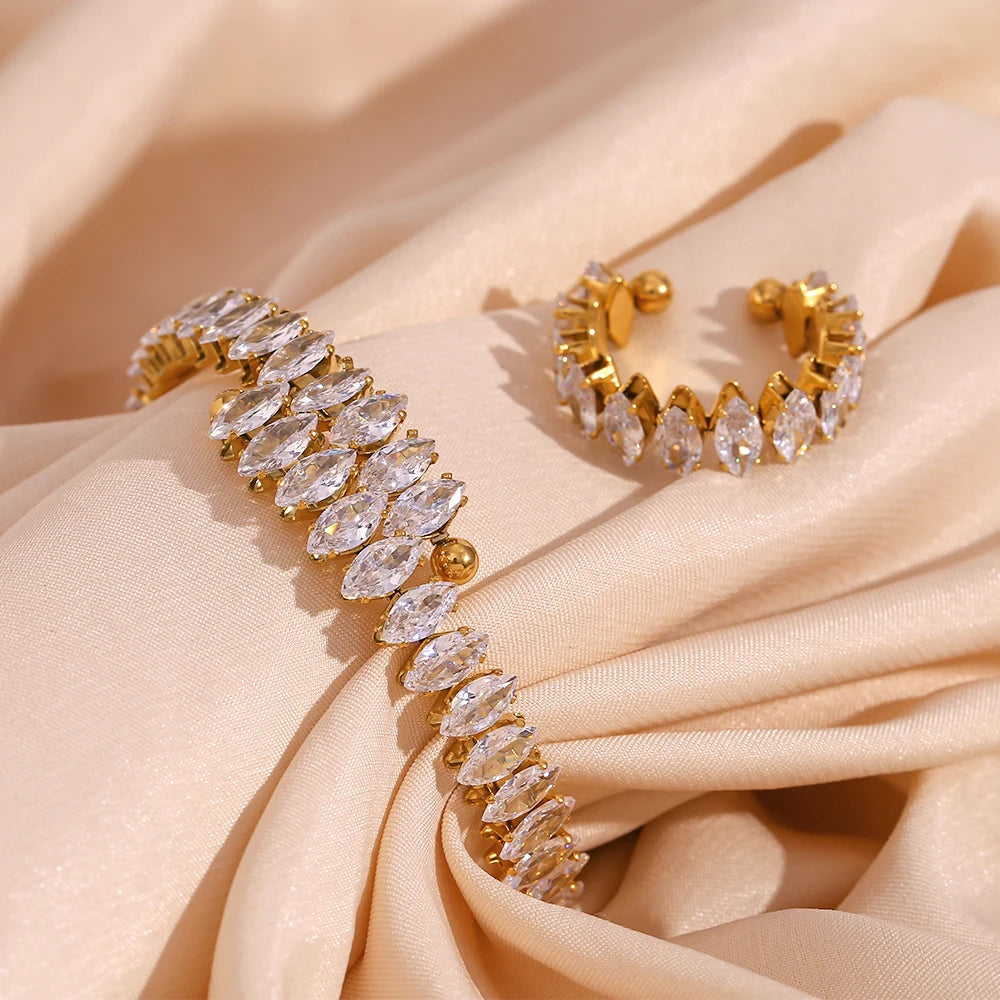 Ensemble de bijoux imperméable et scintillant pour fête de vacances, Marquis 3A, cristal de zircone cubique, bracelets réglables, bague