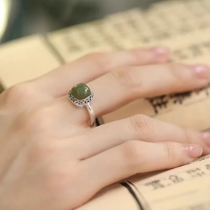 Bague carrée verte rétro Simple pour femmes, bagues en Tourmaline rouge du sud, argent 925, breloques ajourées réglables, bijoux cadeau L’AURA