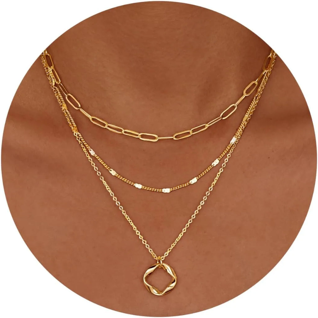Colliers plaqués or 14 carats pour femmes, empilables, plaqué argent, cercle, trombone, chaîne, pendentif, ras du cou, ensemble pour femmes