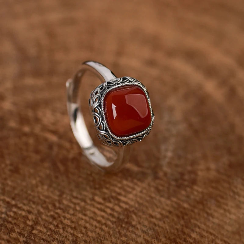 Bague carrée verte rétro Simple pour femmes, bagues en Tourmaline rouge du sud, argent 925, breloques ajourées réglables, bijoux cadeau L’AURA