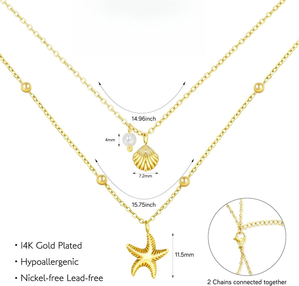 Collier de coquillage pour femmes, plaqué or 14 carats, en acier inoxydable, superposé, étoile de mer, conque, perle, collier à breloques, bijoux de plage d'été L’AURA