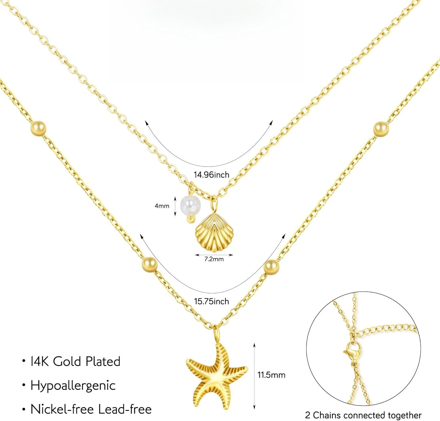 Collier de coquillage pour femmes, plaqué or 14 carats, en acier inoxydable, superposé, étoile de mer, conque, perle, collier à breloques, bijoux de plage d'été L’AURA