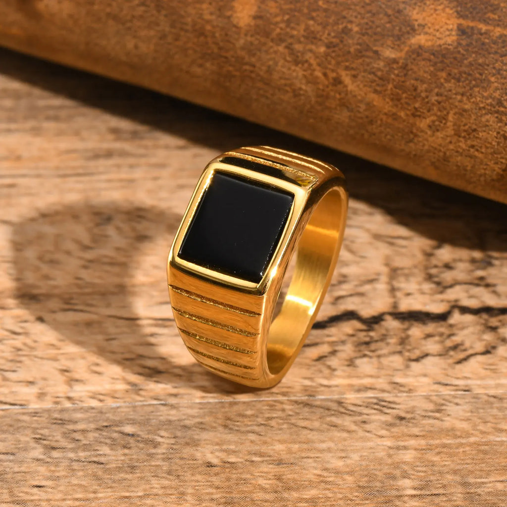 Oral alière en pierre noire rétro pour femme, bague de déclaration en acier inoxydable, document en or à la mode, cadeau de bijoux carré poli