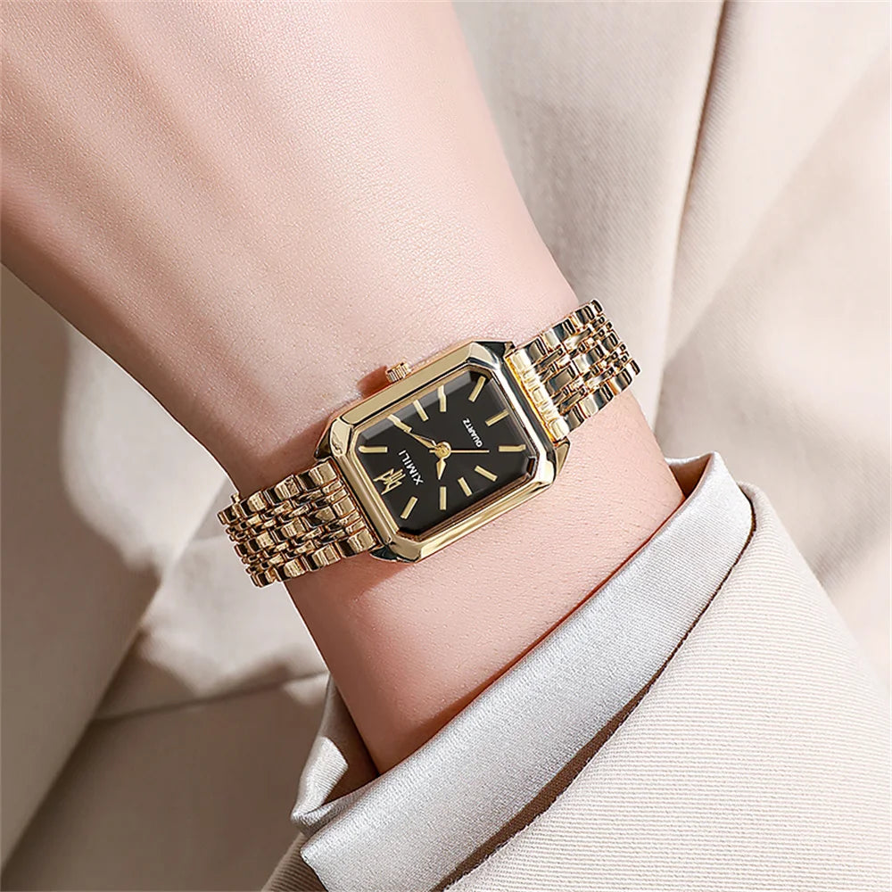 Montre de luxe pour femmes, carrée en or, Simple, à Quartz, mode, en acier inoxydable, horloge d'affaires, robe, cadeau