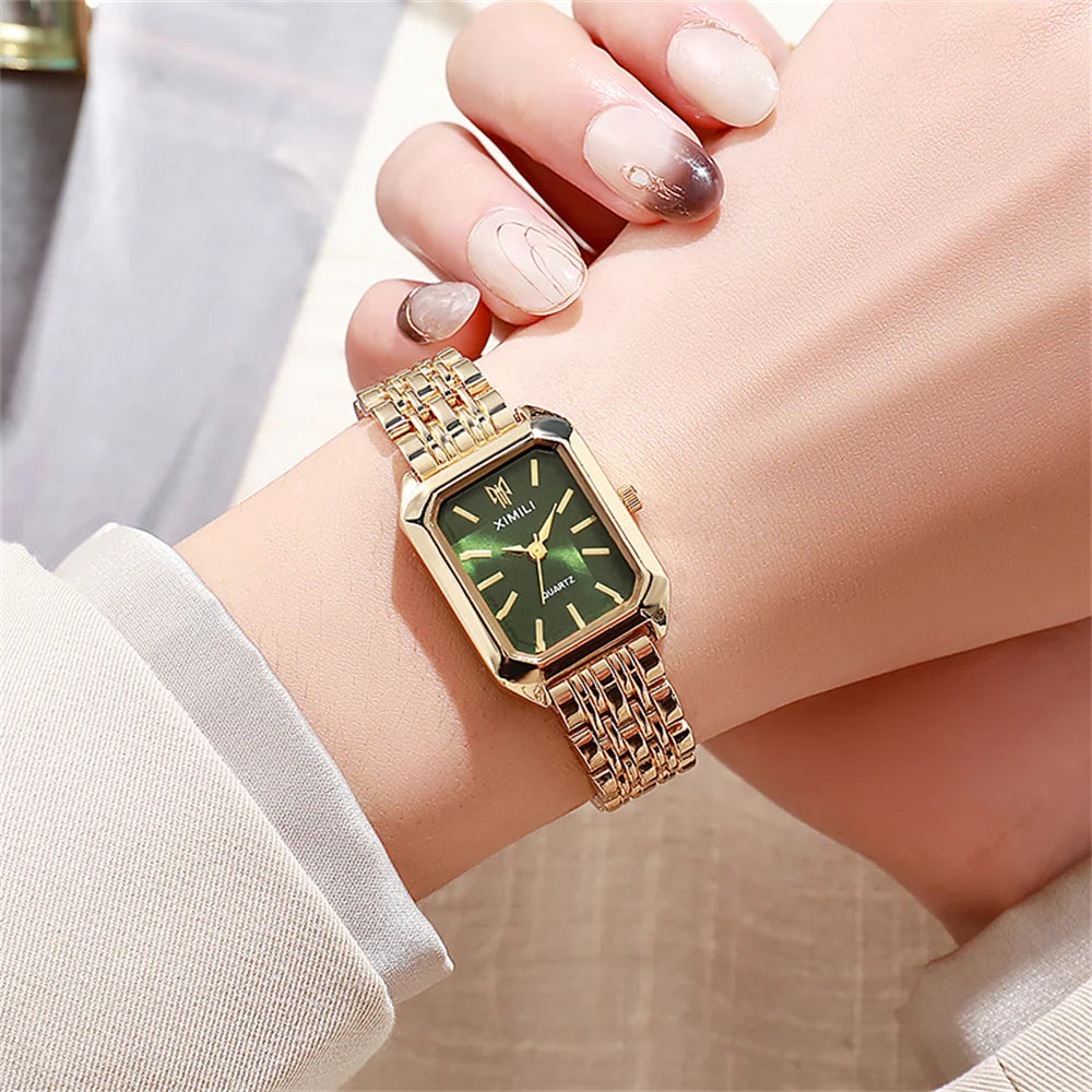 Women's Luxury Gold Square Watch, Simple Quartz Stainless Steel Fashion Business Dress Clock Gift