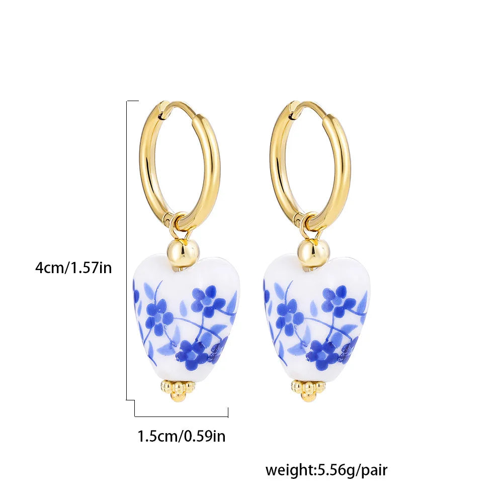 Boucles d'oreilles pendentif théière en porcelaine bleue et blanche, Vintage, en céramique, boule de cœur, perles, bijoux en acier inoxydable, cadeau L’AURA