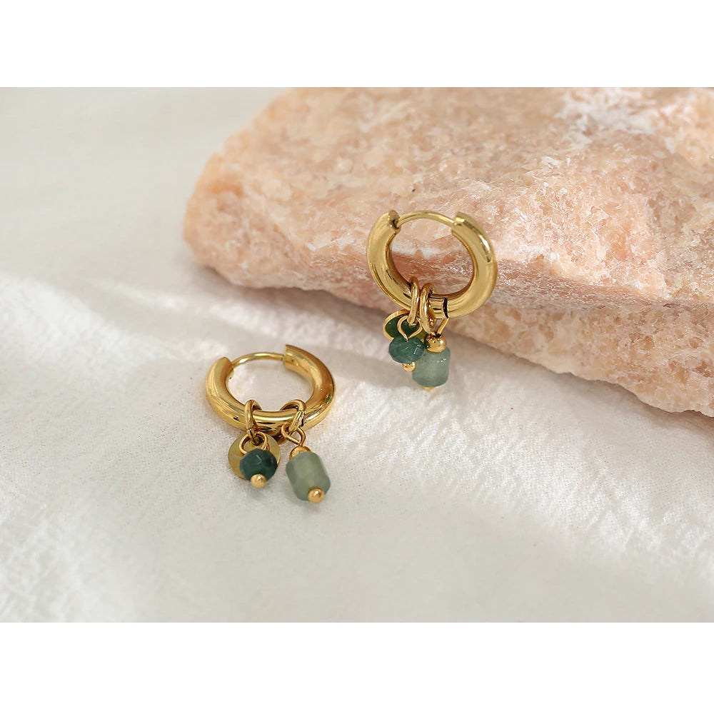 YACHAN 18K plaqué or acier inoxydable Hoop boucles d'oreilles femmes rétro vert pierre naturelle charme mode bijoux imperméables L’AURA