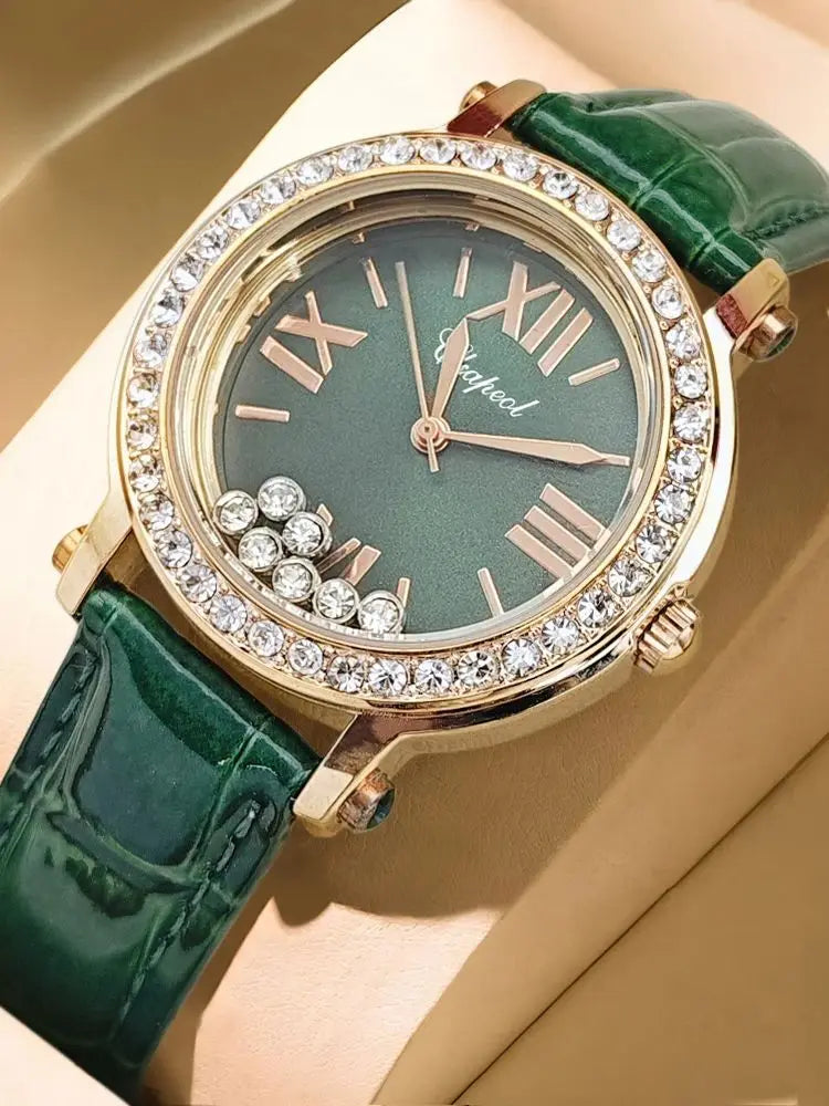 Nouvelle montre verte vintage tendance pour femme, élégante et étanche, avec un design luxueux serti de diamants, style camélia de niche, petite montre verte pour femme, avec diamants Happy Diamonds L’AURA