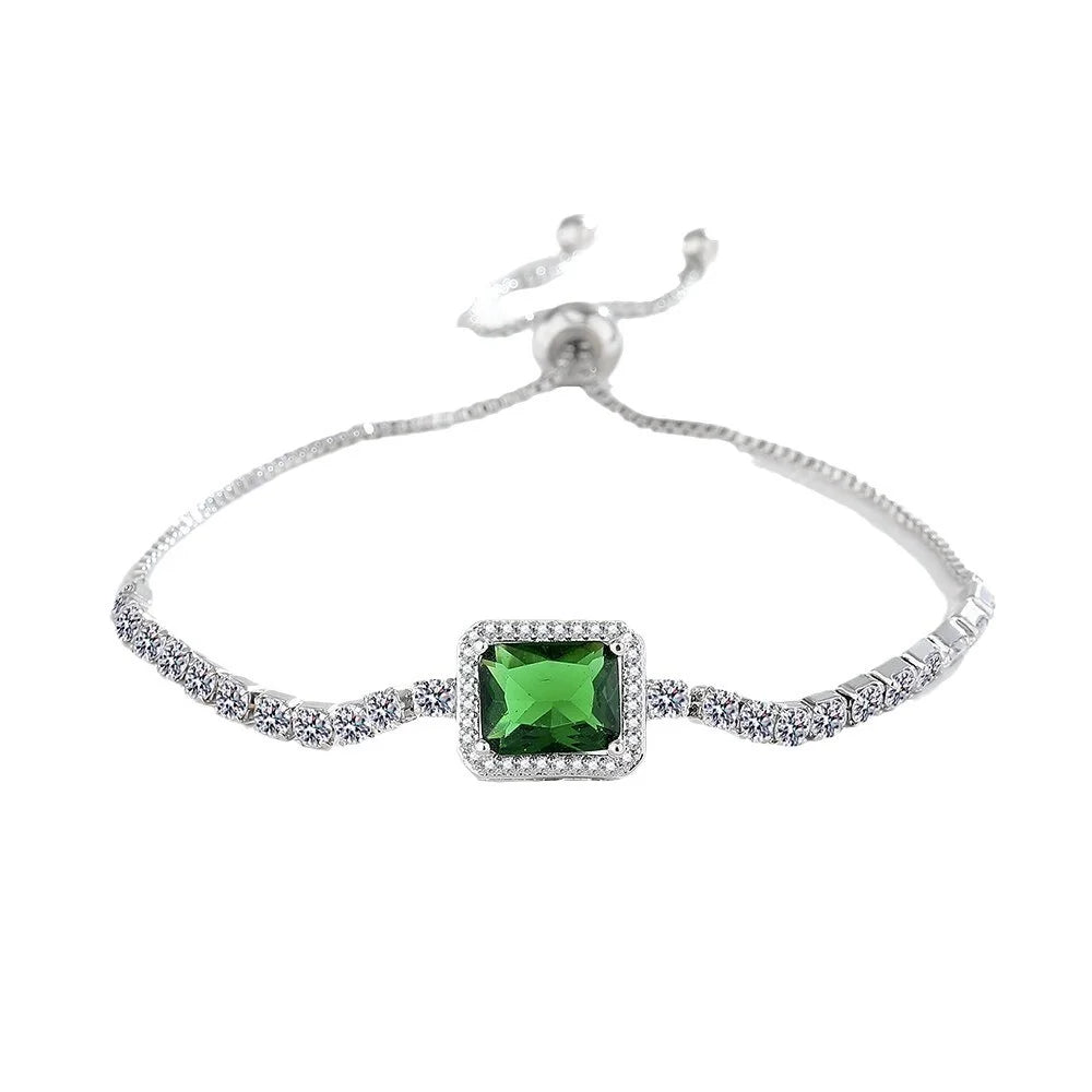 Bracelet en argent sterling 925, zircon vert impérial carré, taille réglable, bracelet de luxe élégant pour hommes et femmes L’AURA