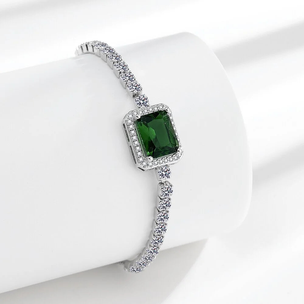 Bracelet en argent sterling 925, zircon vert impérial carré, taille réglable, bracelet de luxe élégant pour hommes et femmes L’AURA