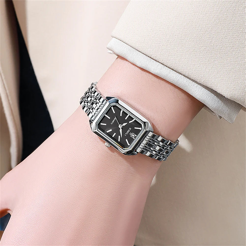 Montre de luxe pour femmes, carrée en or, Simple, à Quartz, mode, en acier inoxydable, horloge d'affaires, robe, cadeau