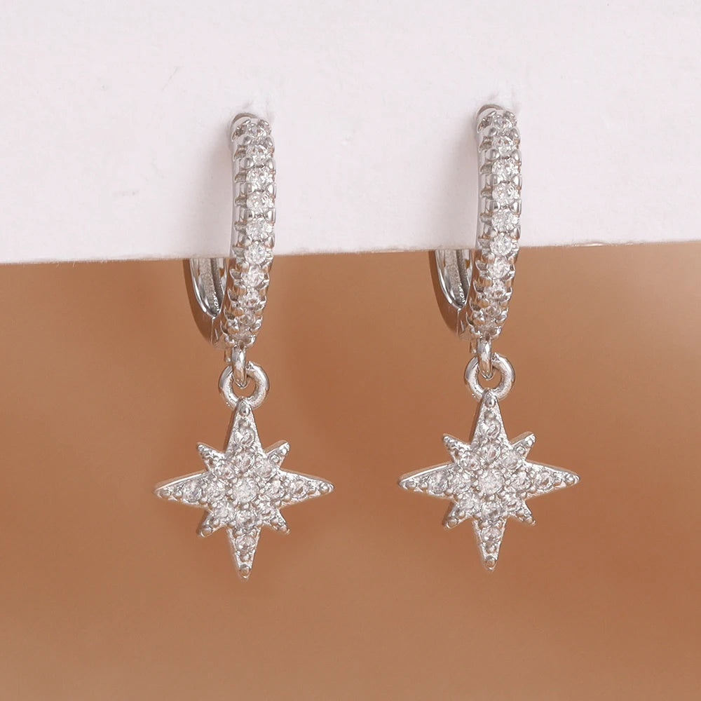 Luxury Stainless Steel Earrings for Women, Shimmering Zircons, Geometric Piercing, Fashion Jewelry
