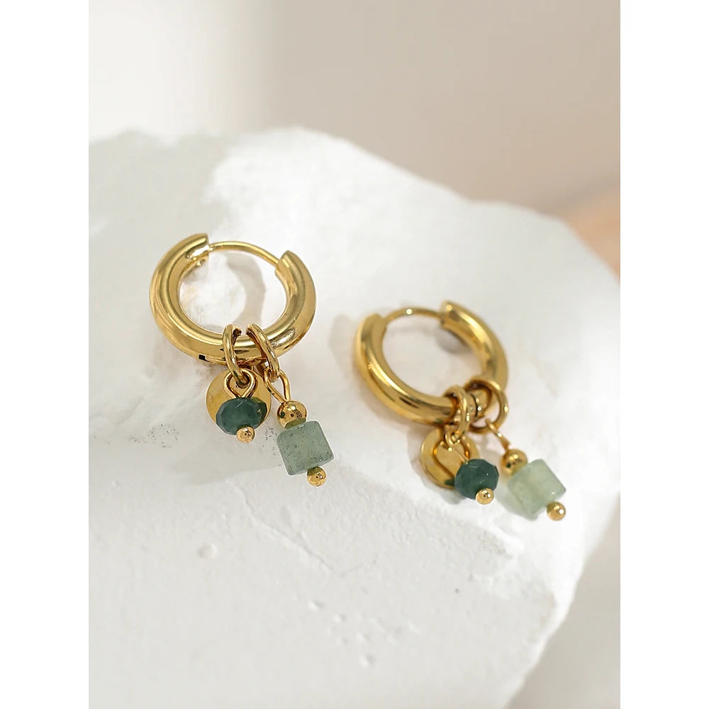 YACHAN 18K plaqué or acier inoxydable Hoop boucles d'oreilles femmes rétro vert pierre naturelle charme mode bijoux imperméables L’AURA
