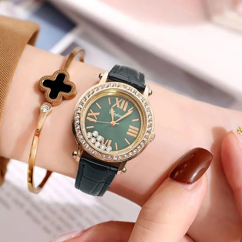 Nouvelle montre verte vintage tendance pour femme, élégante et étanche, avec un design luxueux serti de diamants, style camélia de niche, petite montre verte pour femme, avec diamants Happy Diamonds L’AURA