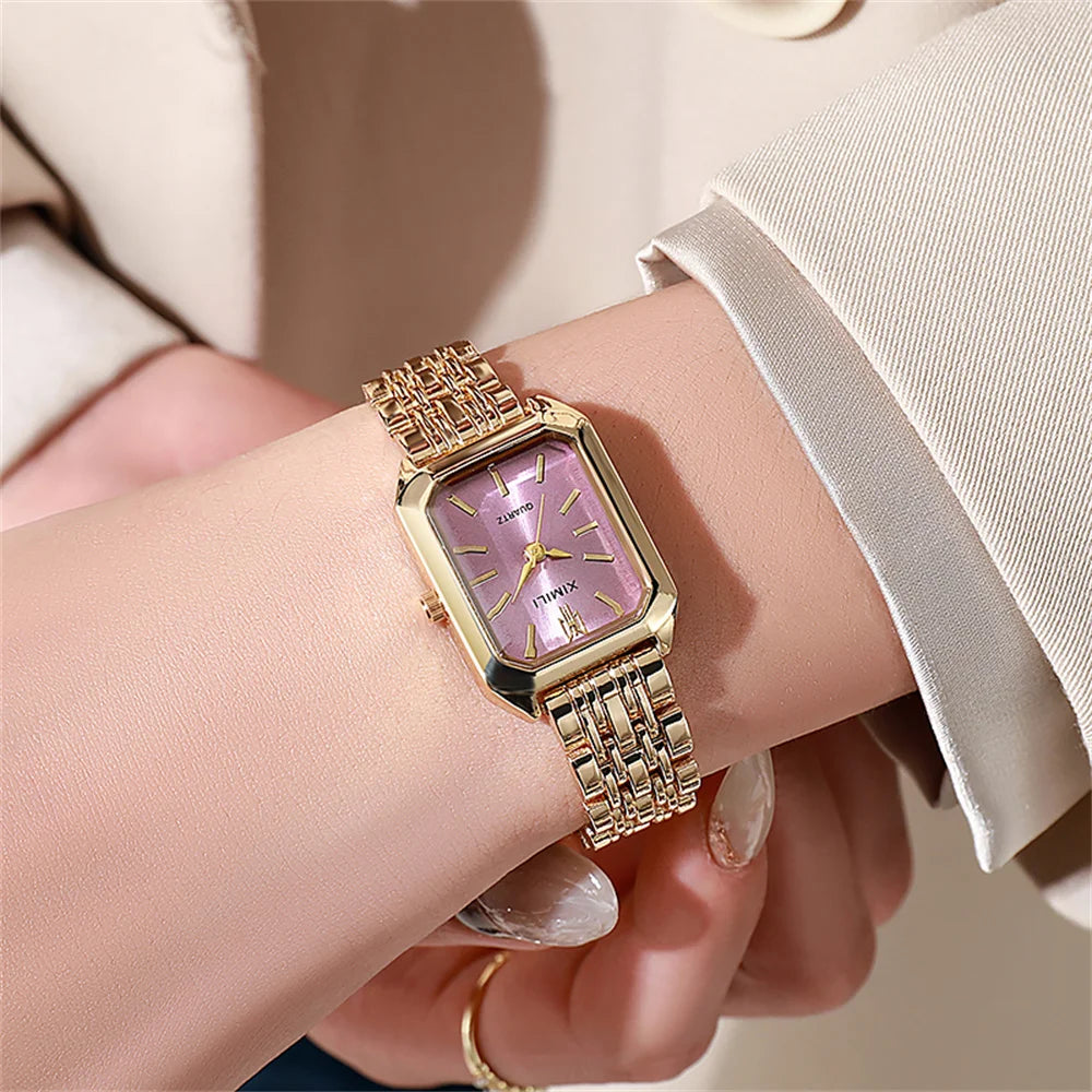 Montre de luxe pour femmes, carrée en or, Simple, à Quartz, mode, en acier inoxydable, horloge d'affaires, robe, cadeau
