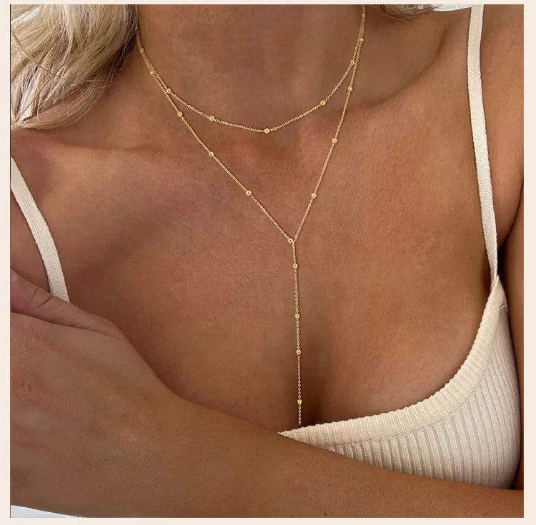 Collier Lariat en acier inoxydable plaqué or, collier Long délicat, colliers Laryered pour femmes et filles, pendentif goutte en forme de Y