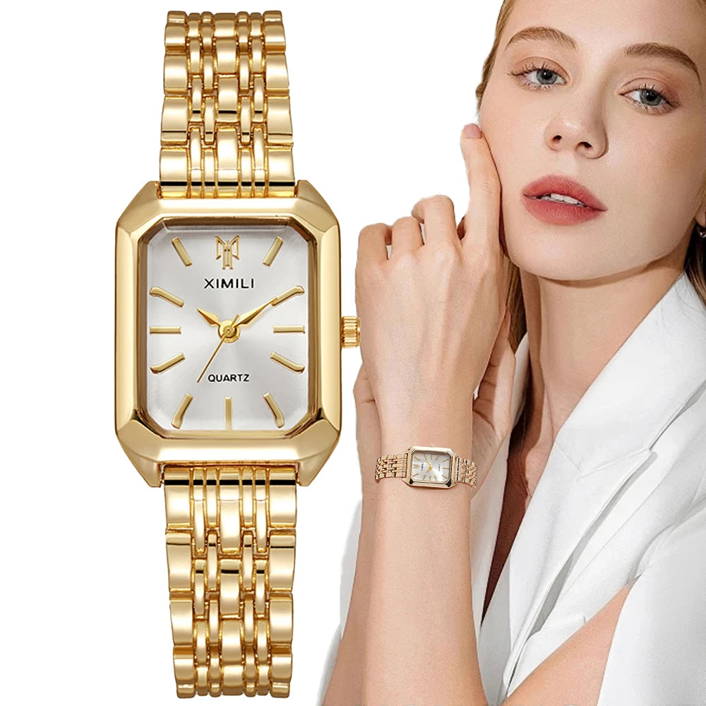 Montre de luxe pour femmes, carrée en or, Simple, à Quartz, mode, en acier inoxydable, horloge d'affaires, robe, cadeau