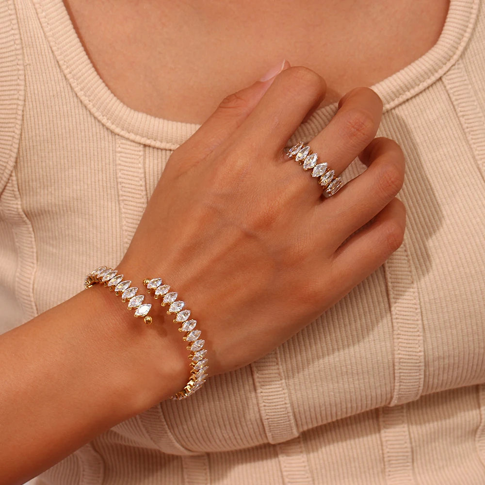 Ensemble de bijoux imperméable et scintillant pour fête de vacances, Marquis 3A, cristal de zircone cubique, bracelets réglables, bague