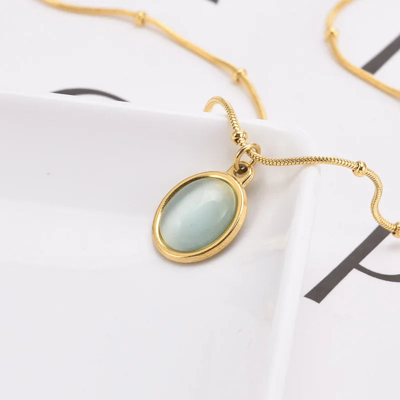 Collier ovale en argent Sterling 925 avec pendentif bleu mer, exquis pour femmes, œil de chat, serrure en pierre, chaîne en os, bijoux de mariage L’AURA
