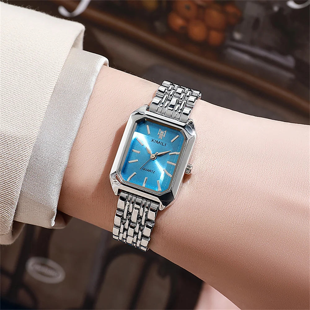 Montre de luxe pour femmes, carrée en or, Simple, à Quartz, mode, en acier inoxydable, horloge d'affaires, robe, cadeau