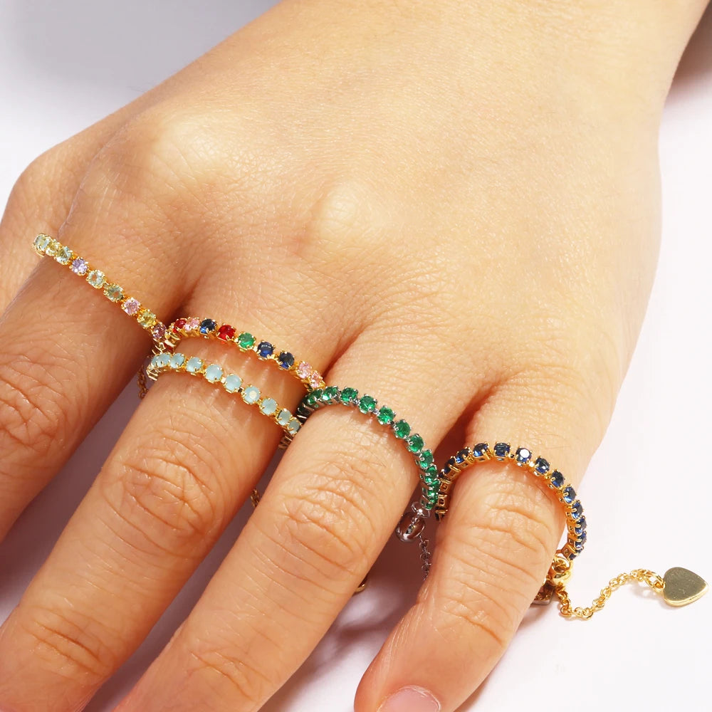 Bagues de Tennis de luxe en Zircon, chaîne réglable pour femmes et hommes, anneau de fête de mariage à une rangée arc-en-ciel, bijoux L’AURA