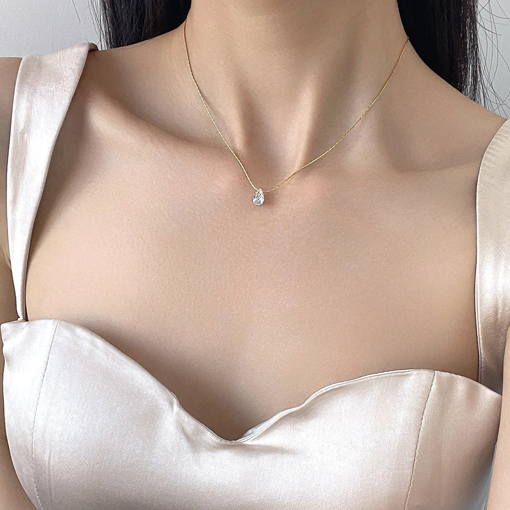 Collier pendentif goutte d'eau en zircon brillant en acier inoxydable pour femme, chaîne ras-du-cou minimaliste, bijoux de fête, cadeau, nouveauté, vente en gros L’AURA