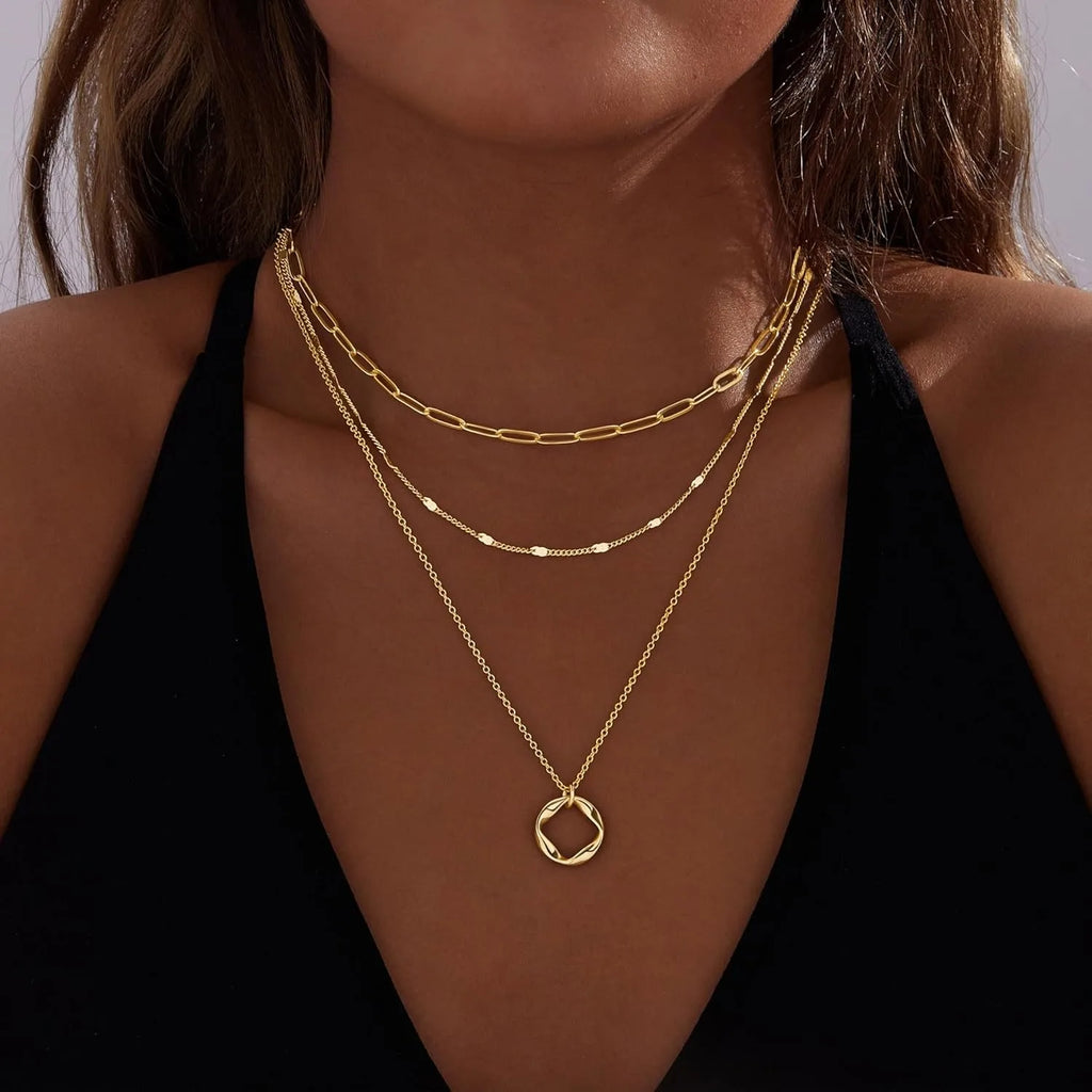 Colliers plaqués or 14 carats pour femmes, empilables, plaqué argent, cercle, trombone, chaîne, pendentif, ras du cou, ensemble pour femmes