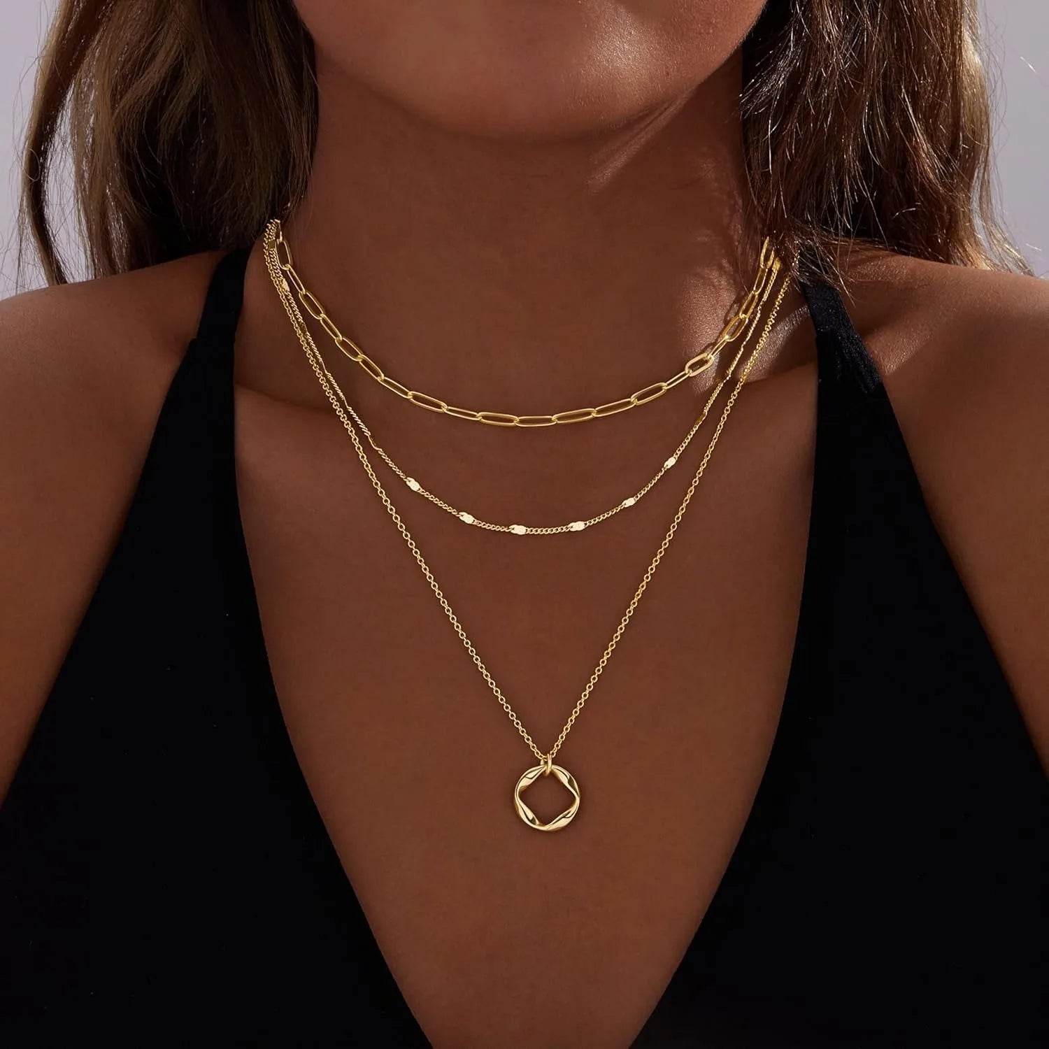 Colliers plaqués or 14 carats pour femmes, empilables, plaqué argent, cercle, trombone, chaîne, pendentif, ras du cou, ensemble pour femmes