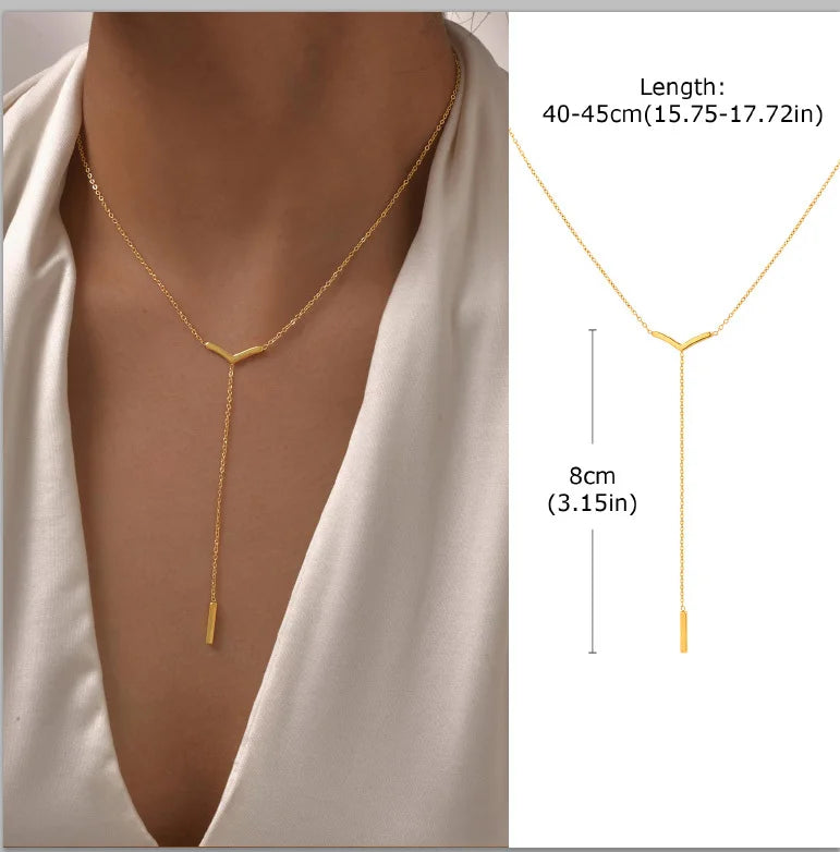 Gold Plated Stainless Steel Lariat Necklace, Delicate Long Necklace, Layered Necklaces for Women and Girls, Y-Shaped Drop Pendant